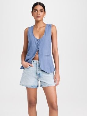 Free People Millie Linen Blend Blue Sleeveless Button Front Waistcoat Vest XS